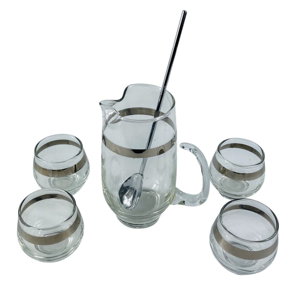 Vintage COCKTAIL PITCHER & 4 GLASSES Silver Bands Libbey